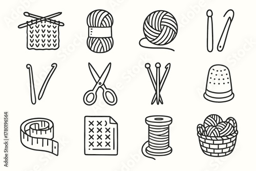 Vector yarn kit skein sheet hook wool knitting set icon pattern thimble