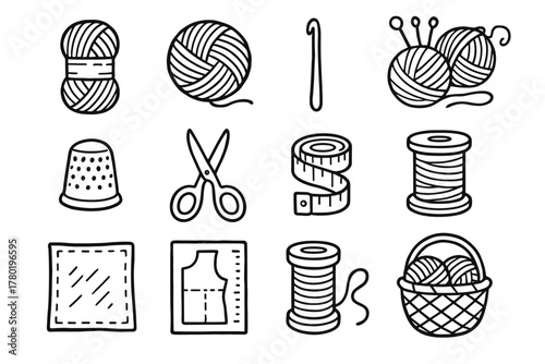 Vector basket knitting icon ball wool icons crafting pattern collection skein hook