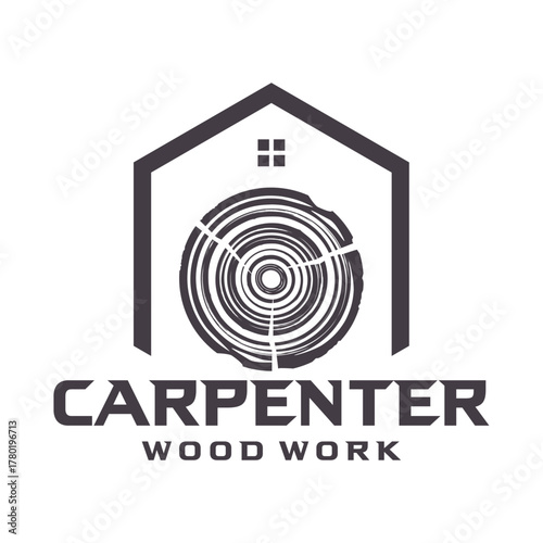 Carpenter Wood Work Logo Design Featuring Wood Slice and House.