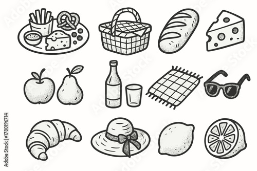 Hat basket croissant lemon cup vector picnic outdoor sun icon cheese set