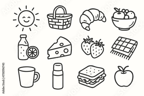 Cup fruit strawberries bowl set vector picnic bottle icon lemonade blanket croissant