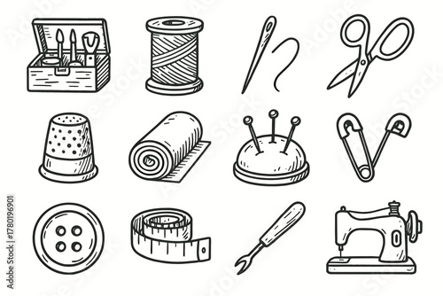 Tool machine icons ripper icon needle vector thimble sewing spool pin set