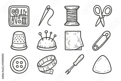 Scissors workshop pin tools sewing spool seam kit ripper icon vector piece