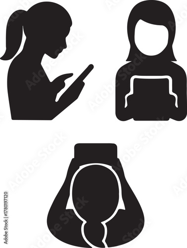 Woman using tablet device silhouette icon set front, side, and top views vector illustration