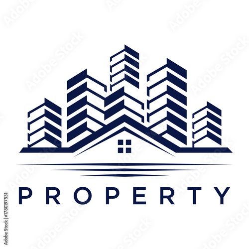 Modern Cityscape Property Logo with Residential and Commercial Buildings.