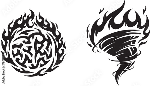Tribal Flame Circle and Flaming Tornado Vector Design Elements