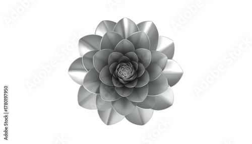 Silver metallic flower with layers of petals on a black background, top-down, creating a symmetrical abstract