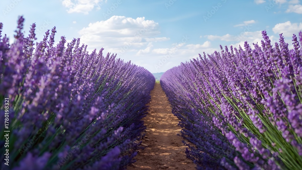 Obraz premium Beautiful lavender field with narrow path under bright blue sky, sunlight touching purple blooms, peaceful rural landscape, natural texture, realistic detail, perfect for nature and travel design.