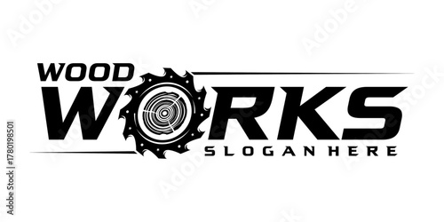 Wood Works Logo Design with Saw Blade Icon for Carpentry Business.
