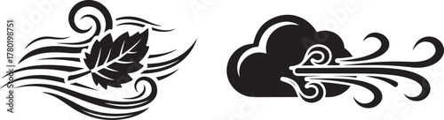 Stylized Black Wind Swirls with Cloud and Falling Leaf Icons