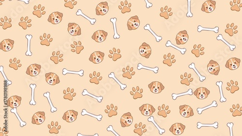 Repeating dog motifs of faces, paw prints, and bone shapes. Ideal for pet-related designs like packaging, stationery, fabrics, and merchandise.