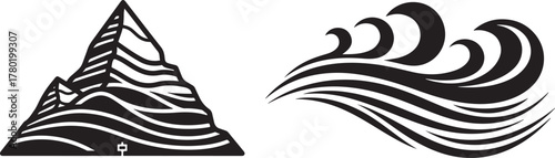 Monochrome Abstract Mountain Peaks and Ocean Wave Elements