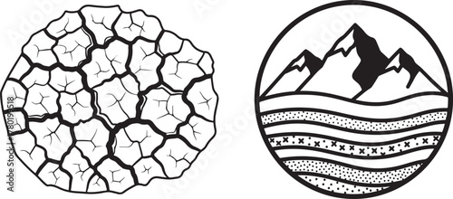 Monochrome Cracked Earth Pattern and Circular Mountain Geological Strata Vector