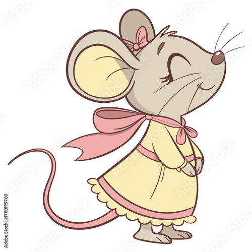 Elegant cartoon mouse in a pastel yellow outfit with pink ribbon smiling softly perfect for children s prints on white background