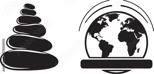 Vector Abstract Rock Stack and World Globe Communication Symbol