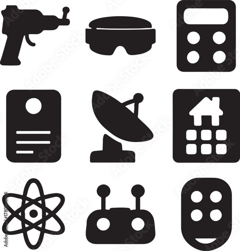 group of sci-fi gadget silhouettes in crisp black fill on a white background 