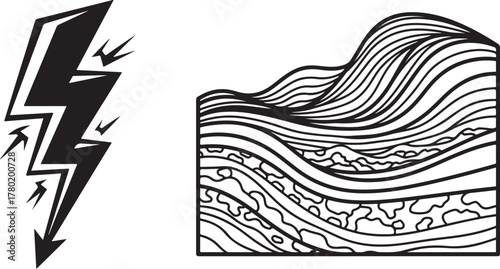 Black and White Abstract Art with Lightning Bolt and Wavy Shapes