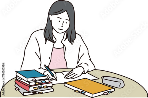 参考書を山積みにして勉強をする学生のイラスト素材