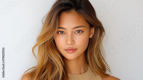 Wallpaper Mural Stunning portrait of woman with long flowing hair and fashionable brown top showcasing natural beauty and elegant style. Torontodigital.ca