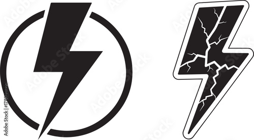 Vector Black Lightning Bolt Symbols: Classic Circle and Cracked Design