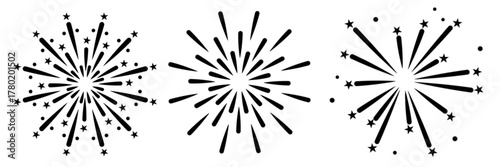 This image shows three stylized firework bursts in black on a white background. The bursts feature radiating lines, some with stars and dots, creating a festive and celebratory graphic design element.