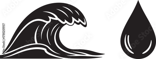 Minimalist Black Wave and Water Drop Vector Icons on White