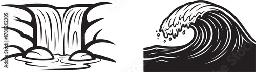 Monochrome Vector Illustrations of Natural Waterfall and Dynamic Ocean Wave