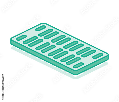 Isometric outline rectangular storm drain grate. Urban infrastructure element.