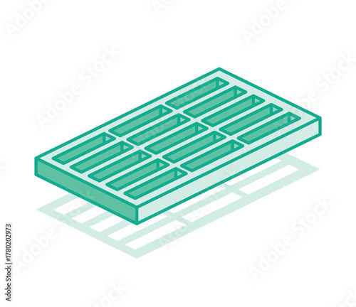 Isometric outline metal storm drain grate with shadow. Urban infrastructure element. Illustration.