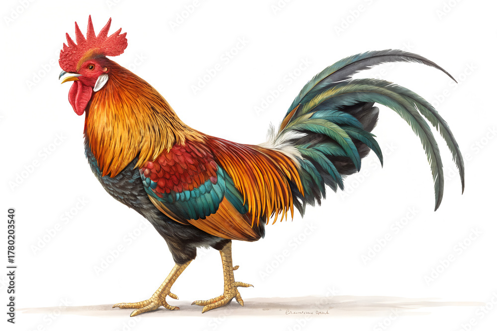 Fototapeta premium Proud Rooster in Profile, Photorealistic Digital Illustration, White Background