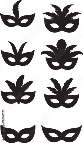 set of carnival mask silhouettes in bold black fill on a crisp white background.