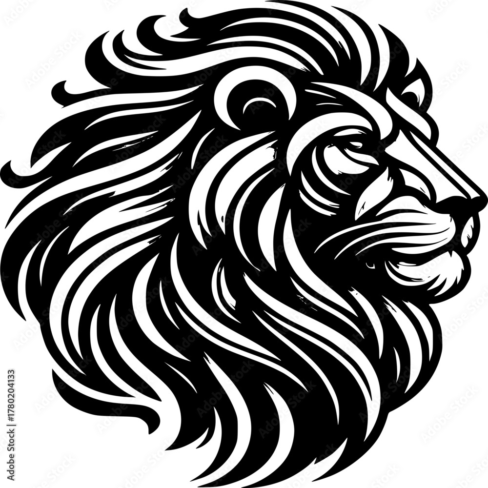 custom made wallpaper toronto digitalLion Icon: A striking black and white line art depicting the majestic head of a lion, showcasing its powerful mane, focused gaze, and regal presence. 