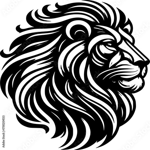 Wallpaper Mural Lion Icon: A striking black and white line art depicting the majestic head of a lion, showcasing its powerful mane, focused gaze, and regal presence.  Torontodigital.ca