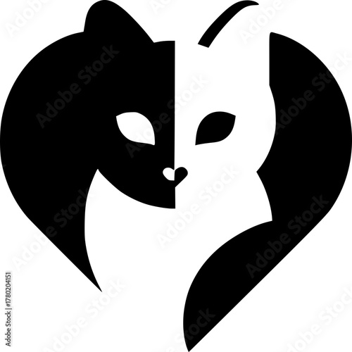 Eternal feline bond: Two cat silhouettes merge in the shape of a heart, symbolizing the unity of love. A design that is visually striking and conveys a message of endearment and affection.