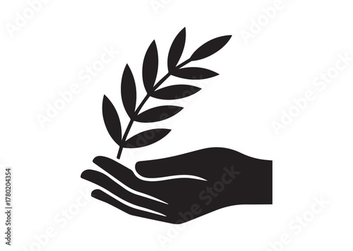 Olive branch in hand icon, Olive branch in hand solid vector
