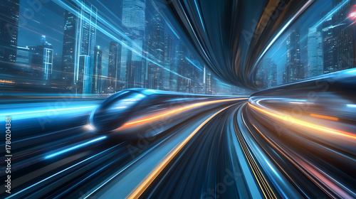 Dynamic illustration of a hyperloop train speeding through a glowing futuristic cityscape.