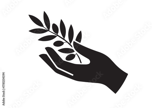 Olive branch in hand icon, Olive branch in hand solid vector