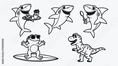 Funny cartoon animals collection shark frog dinosaur cute and cheerful