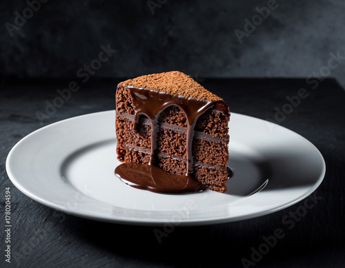 A delicious slice of chocolate brownie pastry with white cream icing on a plate is a gourmet sweet dessert food