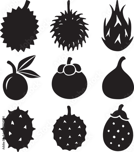 set of exotic fruit silhouettes with durian, rambutan, dragonfruit, mangosteen, starfruit, lychee, jackfruit, salak, and passionfruit.