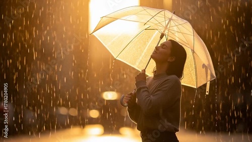 Person walking with umbrella in rainy city street