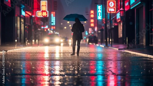 Person walking with umbrella in rainy Tokyo street