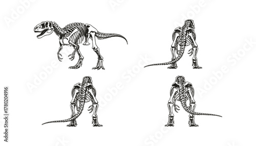 Theropod Dinosaur Skeleton Illustration, Vintage Paleontology Art in Four Views, Fossil Anatomy Drawing, Vector Art, Dinosaur Illustration, Isolated Black And White Silhouette Art