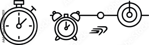 Concept of timing deadline and productivity. Time management with stopwatch, alarm clock, target setting, goal success and achievement in line art style.