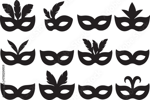 set of carnival mask silhouettes in bold black fill on a crisp white background