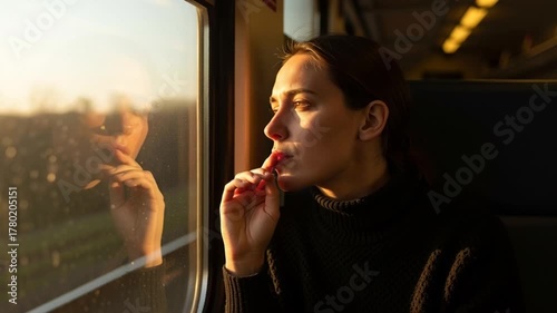 Woman looking out train window during journey