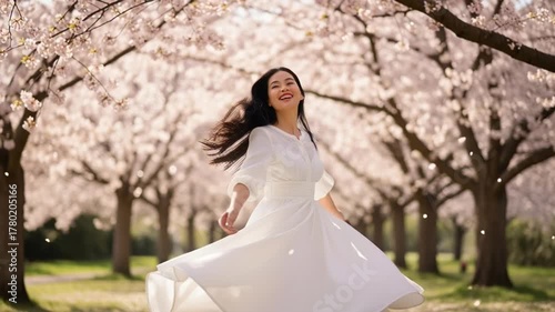 Woman twirling in white dress among cherry blossoms