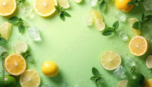 A vibrant and refreshing top-down composition of sliced lemons, limes, mint leaves, and ice cubes scattered over a glossy green surface covered with water droplets