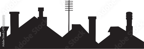 urban rooftop silhouette in bold black fill, each featuring distinct chimneys and vents on a clean white background