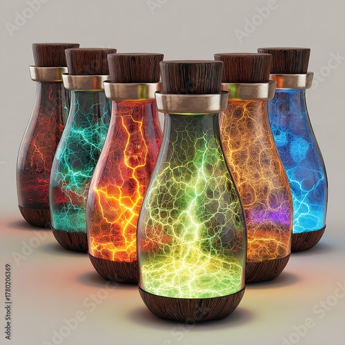Magical glowing potion bottles illuminate fantasy world, vibrant colors for enchanting spells and mystical adventures, perfect for gaming concepts